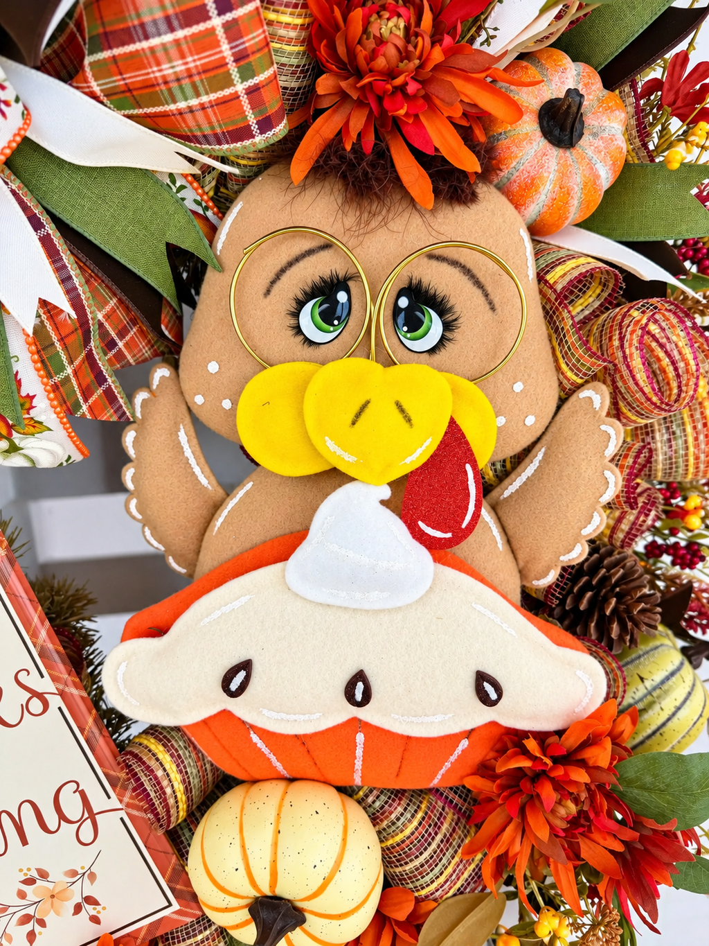 Handmade Thanksgiving Turkey Wreath, Pumpkin Pie, Fall Front Door Decor (36" Tall)