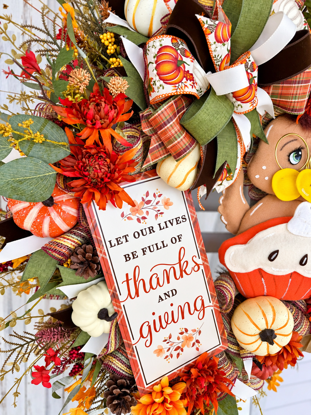 Handmade Thanksgiving Turkey Wreath, Pumpkin Pie, Fall Front Door Decor (36" Tall)
