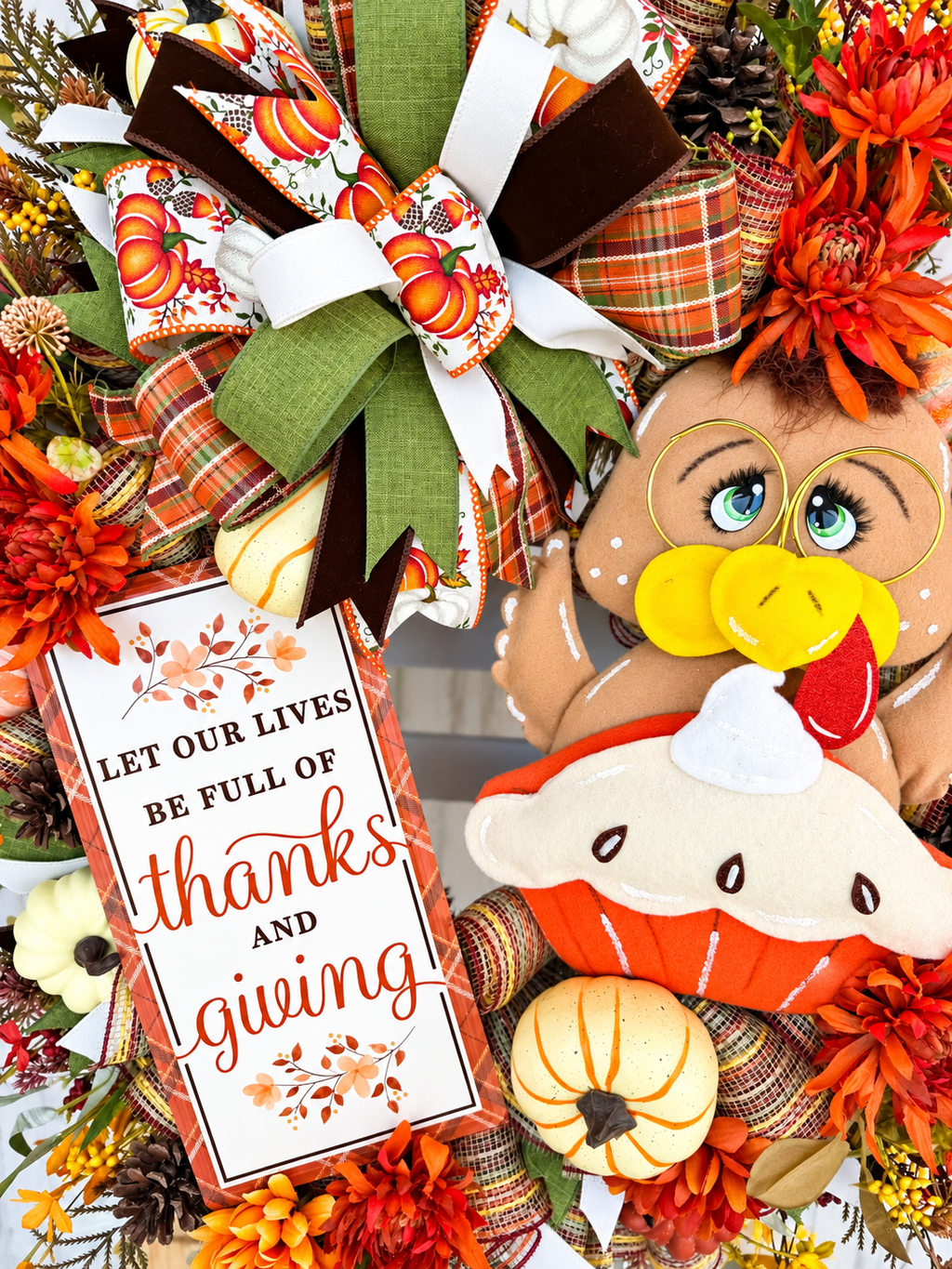 Handmade Thanksgiving Turkey Wreath, Pumpkin Pie, Fall Front Door Decor (36" Tall)