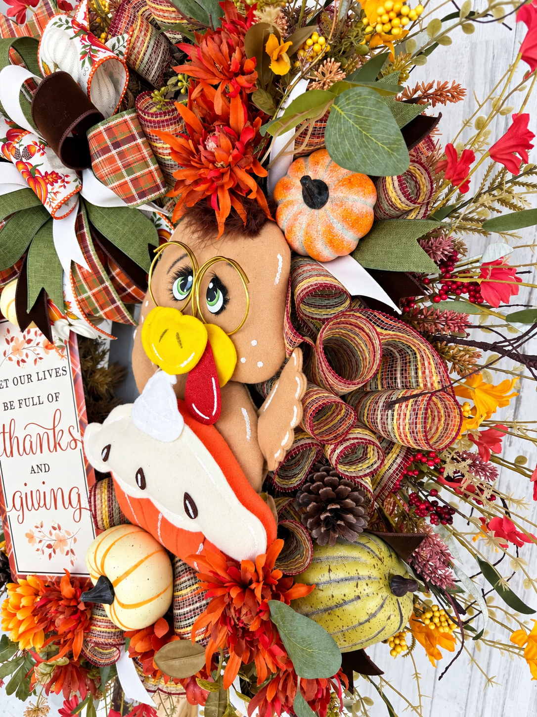 Handmade Thanksgiving Turkey Wreath, Pumpkin Pie, Fall Front Door Decor (36" Tall)