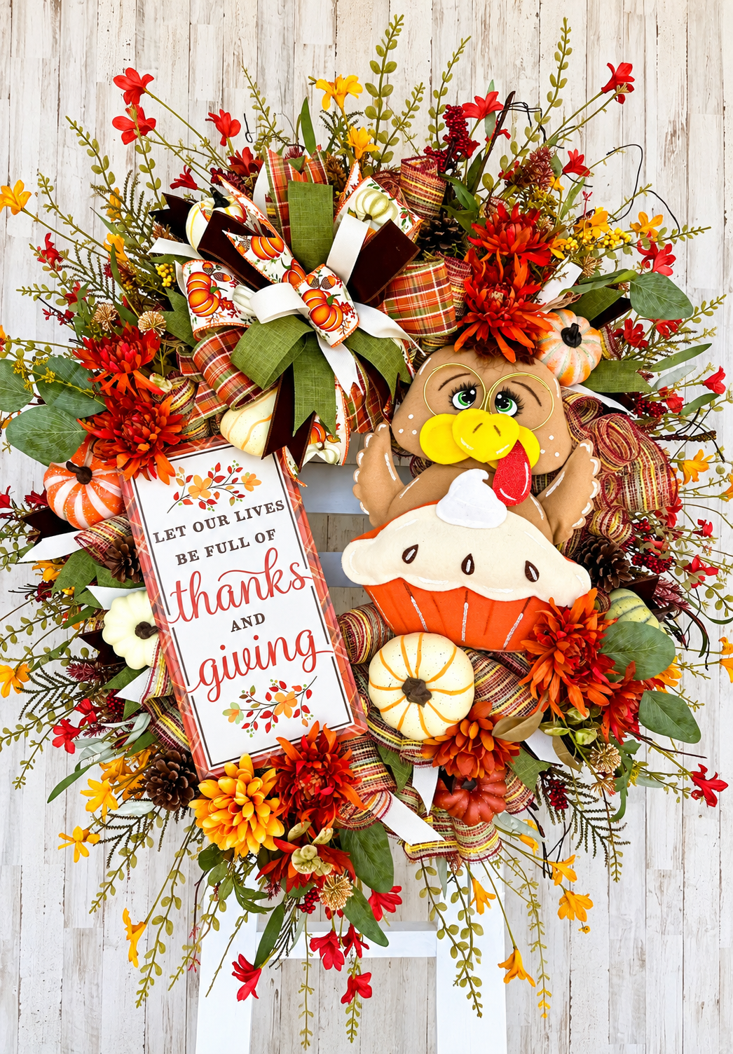 Handmade Thanksgiving Turkey Wreath, Pumpkin Pie, Fall Front Door Decor (36" Tall)