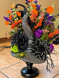 Handmade Gothic Witch Hat Centerpiece | Black Purple Orange Floral Arrangement