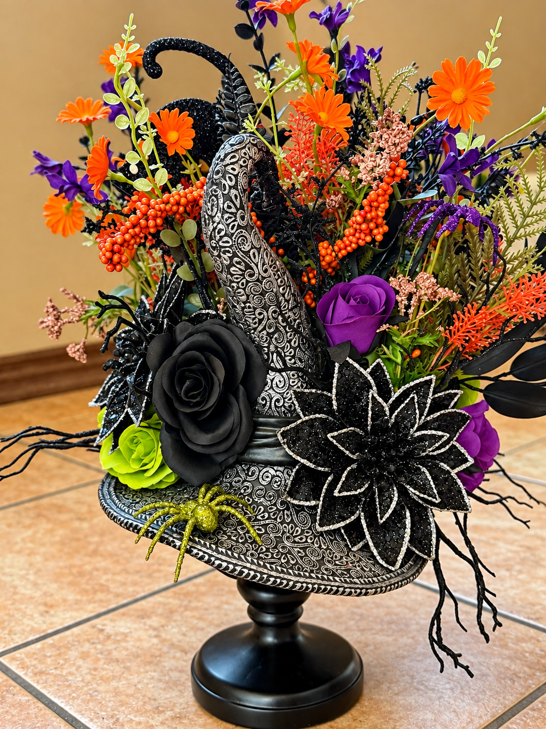 Handmade Gothic Witch Hat Centerpiece | Black Purple Orange Floral Arrangement