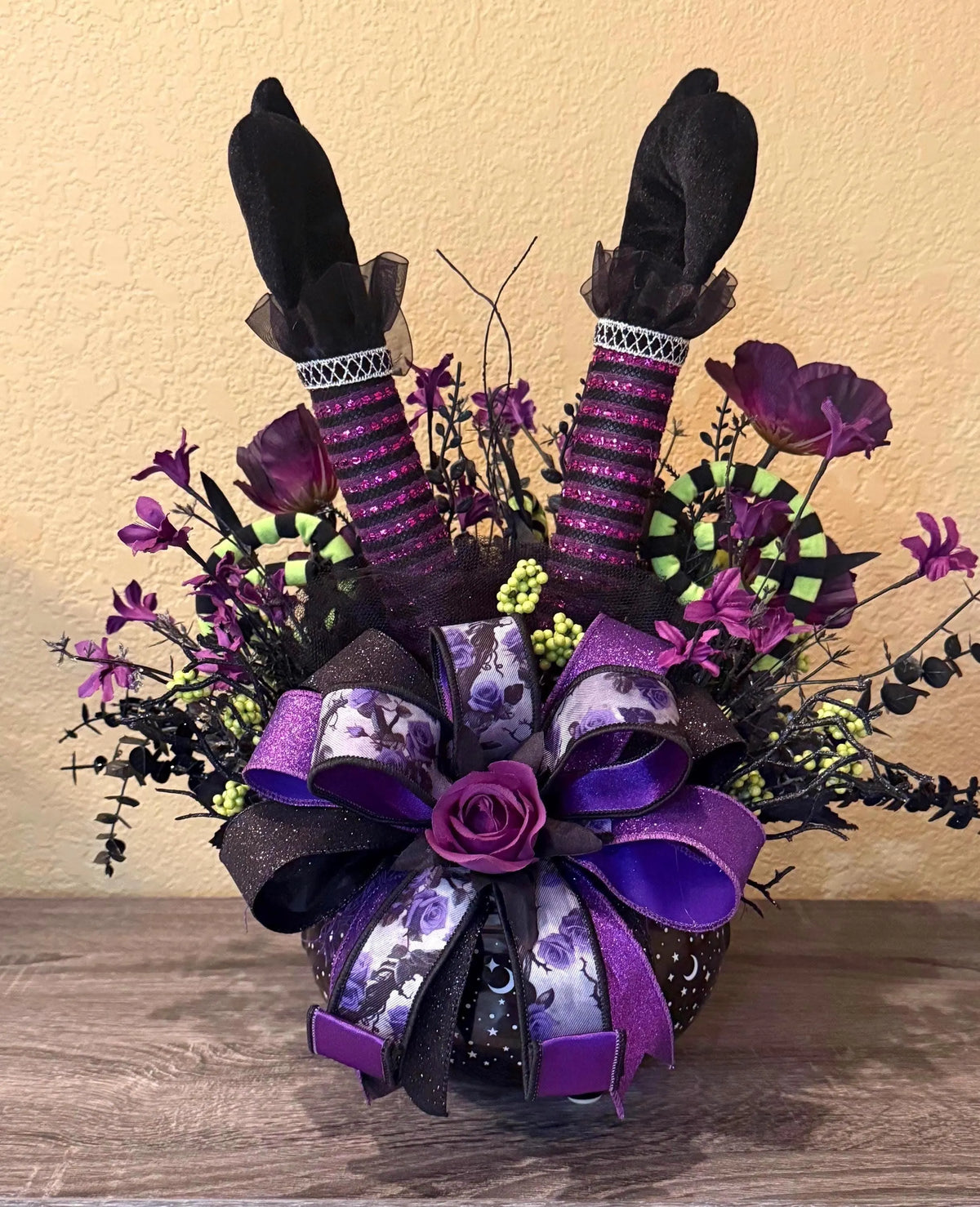 Handmade Witch Legs Halloween Centerpiece, Purple Green Gothic Floral Arrangement