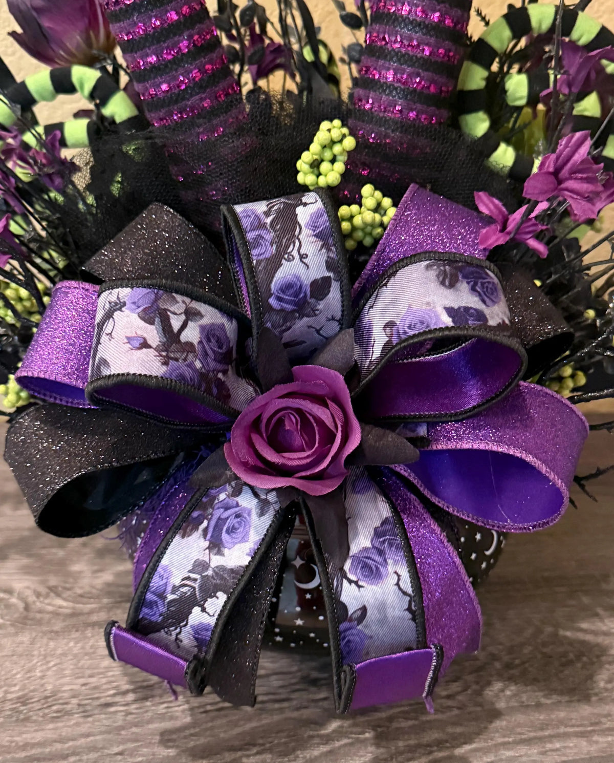 Handmade Witch Legs Halloween Centerpiece, Purple Green Gothic Floral Arrangement