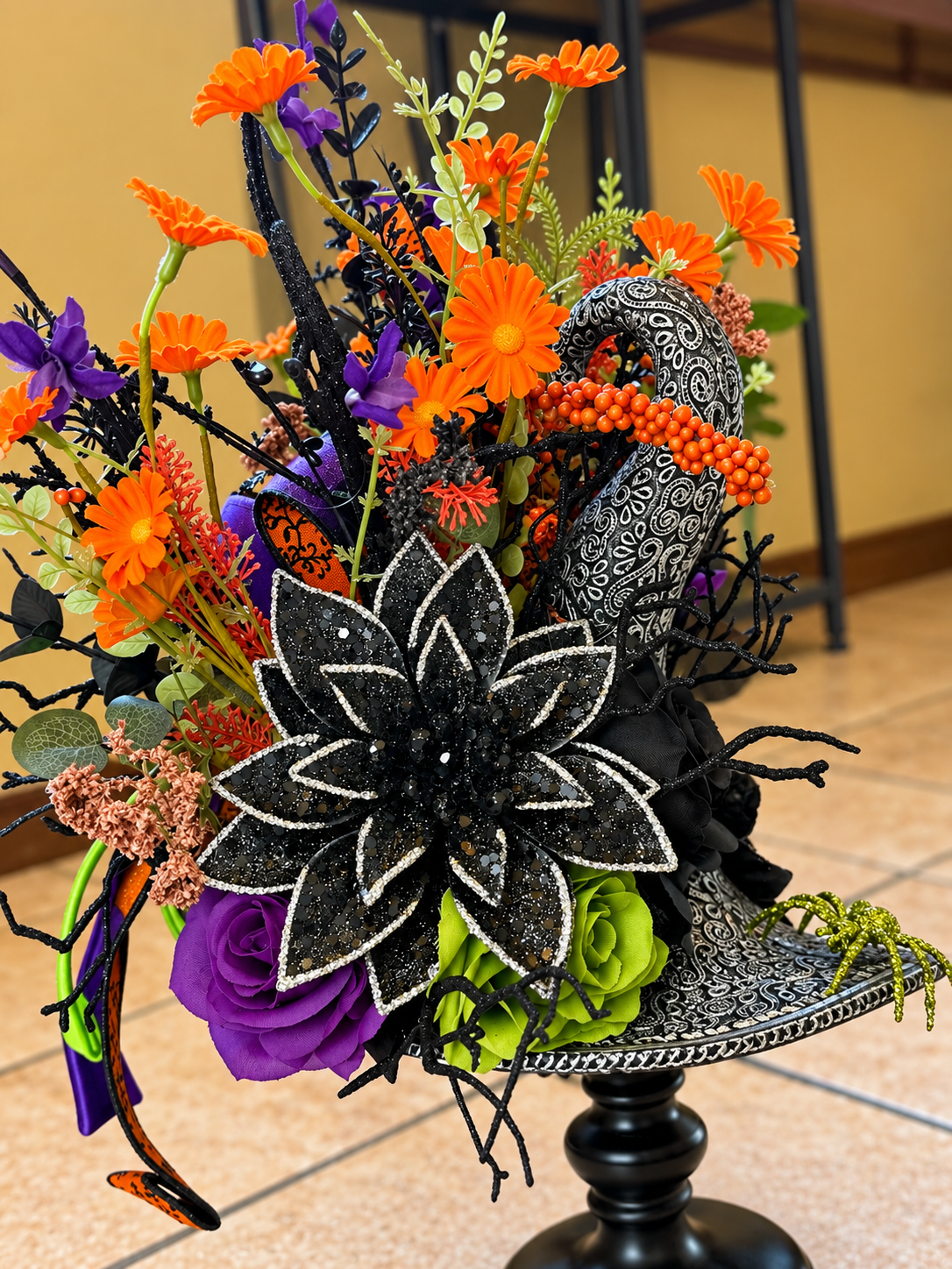 Handmade Gothic Witch Hat Centerpiece | Black Purple Orange Floral Arrangement