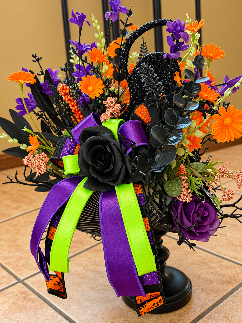 Handmade Gothic Witch Hat Centerpiece | Black Purple Orange Floral Arrangement