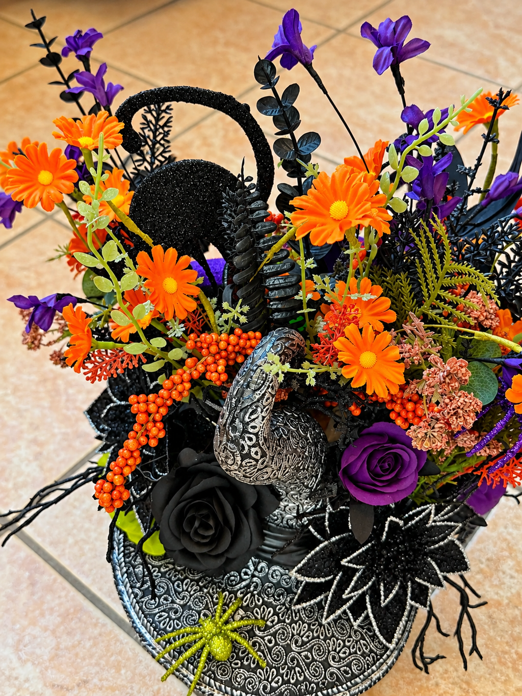 Handmade Gothic Witch Hat Centerpiece | Black Purple Orange Floral Arrangement