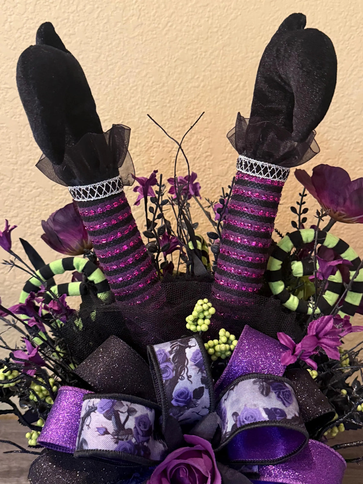 Handmade Witch Legs Halloween Centerpiece, Purple Green Gothic Floral Arrangement