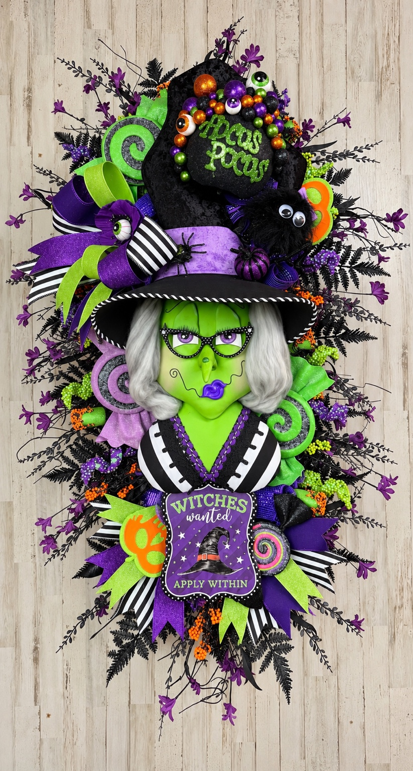 Oversized Green Witch Wreath, 42 Inch Halloween Door Decor, Whimsical Purple Green Black