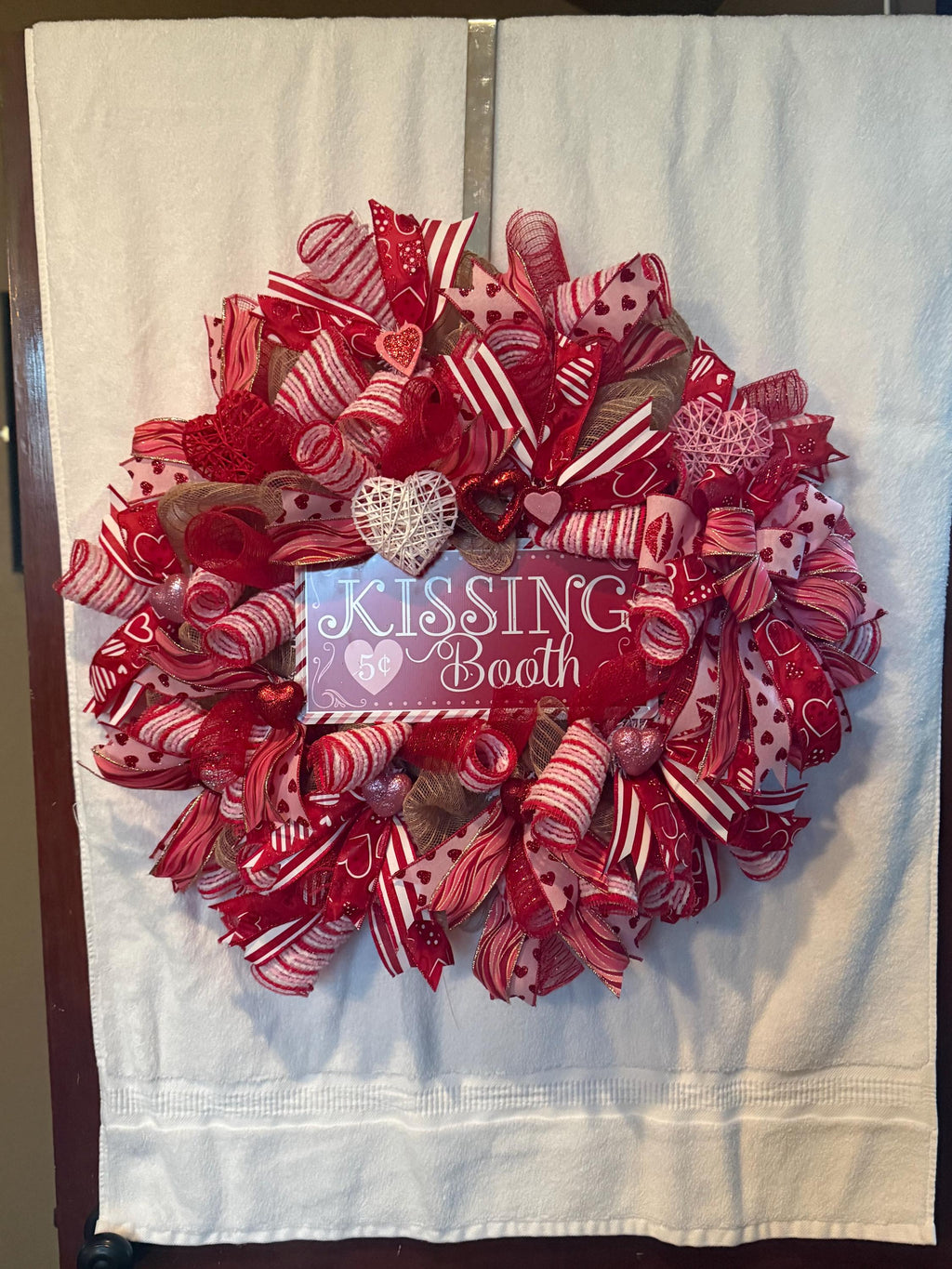 Kissing Booth Valentine’s Day Wreath – Red & Pink Deco Mesh Heart Front Door Decor