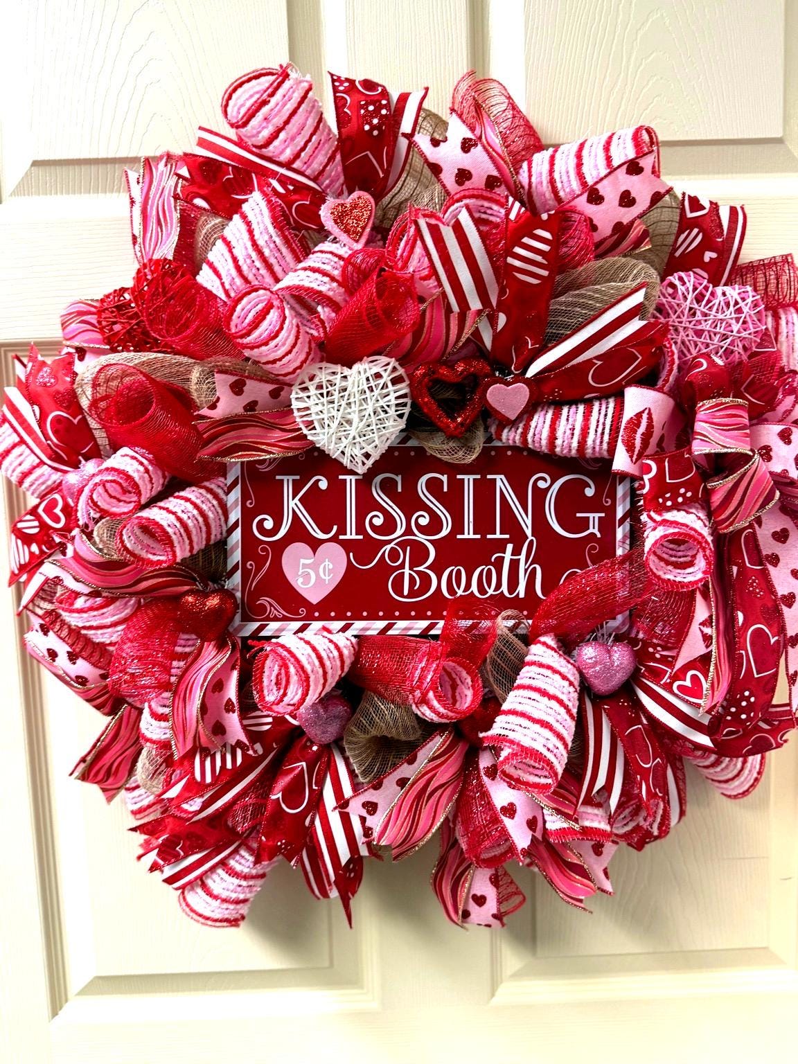 Kissing Booth Valentine’s Day Wreath – Red & Pink Deco Mesh Heart Front Door Decor
