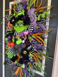 Handmade Halloween Wreath | Lil Ms. Frankie Witch Door Hanger, Candy Decor