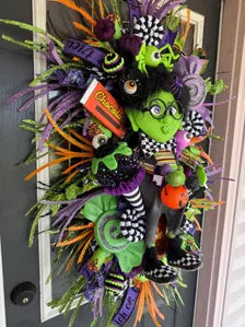 Handmade Halloween Wreath | Lil Ms. Frankie Witch Door Hanger, Candy Decor