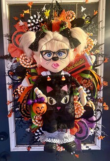 Lil Miss Meow Halloween Wreath | Black Cat Trick-or-Treater Door Hanger | Whimsical Candy Decor