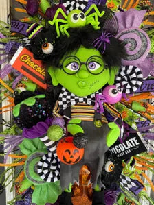 Handmade Halloween Wreath | Lil Ms. Frankie Witch Door Hanger, Candy Decor
