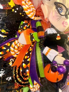 Lil Miss Meow Halloween Wreath | Black Cat Trick-or-Treater Door Hanger | Whimsical Candy Decor