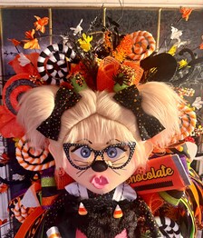 Lil Miss Meow Halloween Wreath | Black Cat Trick-or-Treater Door Hanger | Whimsical Candy Decor
