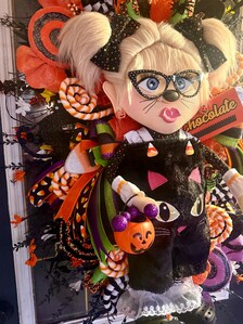 Lil Miss Meow Halloween Wreath | Black Cat Trick-or-Treater Door Hanger | Whimsical Candy Decor