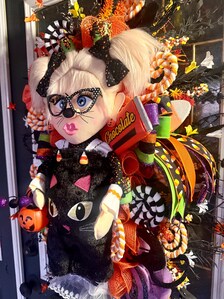 Lil Miss Meow Halloween Wreath | Black Cat Trick-or-Treater Door Hanger | Whimsical Candy Decor