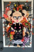 Lil Miss Meow Halloween Wreath | Black Cat Trick-or-Treater Door Hanger | Whimsical Candy Decor