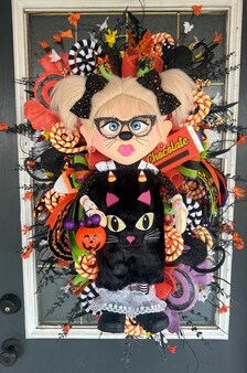 Lil Miss Meow Halloween Wreath | Black Cat Trick-or-Treater Door Hanger | Whimsical Candy Decor