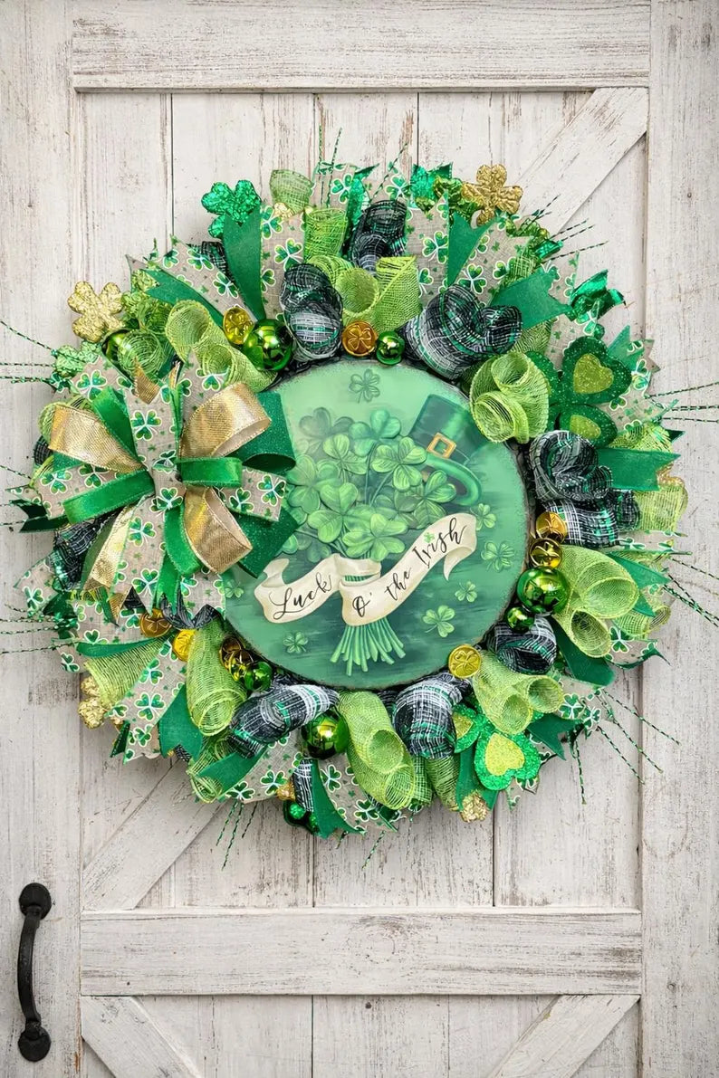 St. Patrick's Day Shamrock Wreath | Lucky Irish Door Decor | Green Clover Front Door Decoration