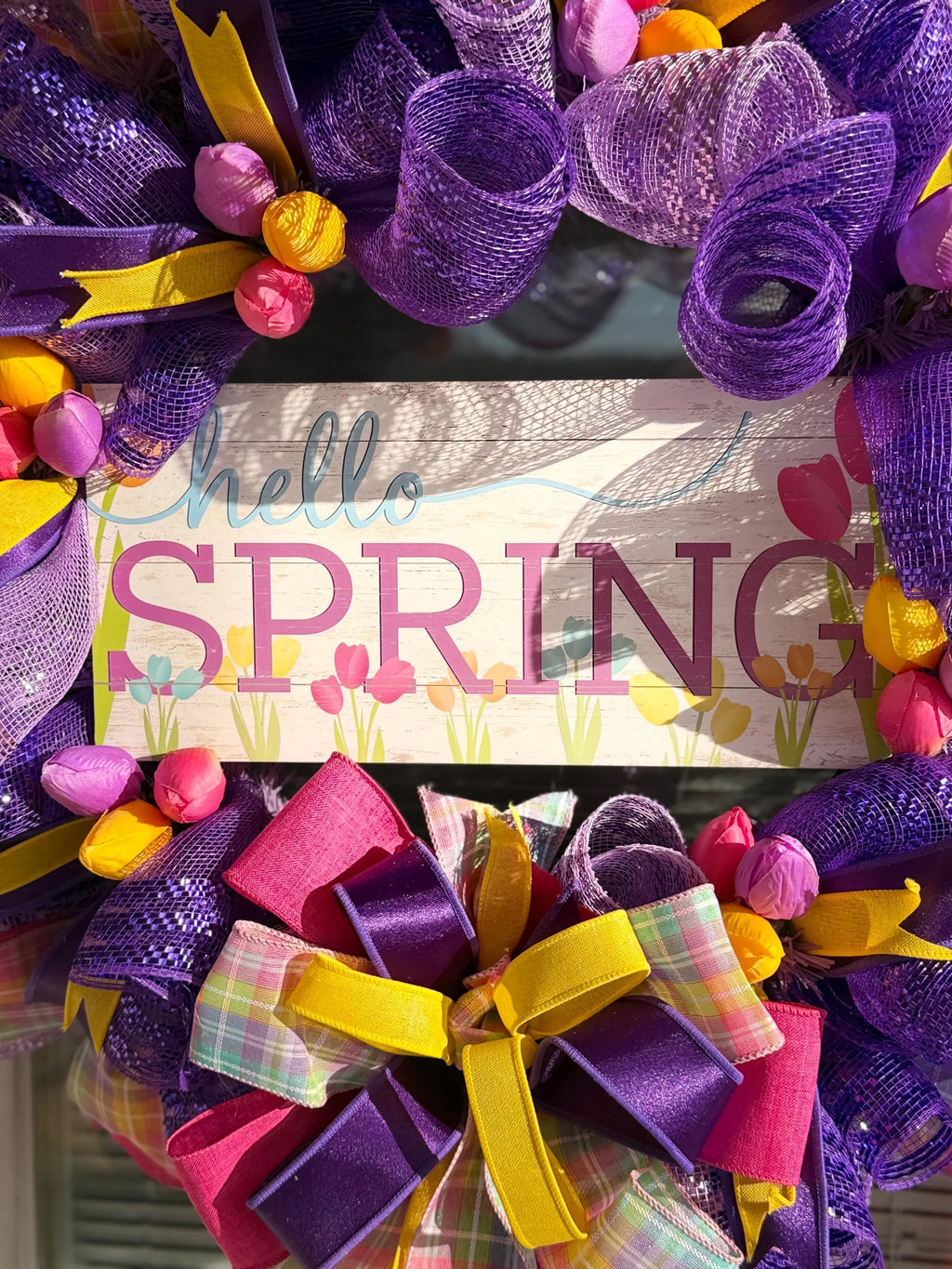 Purple Tulip Spring Wreath, Hello Spring Door Decor, Handcrafted Floral Accent