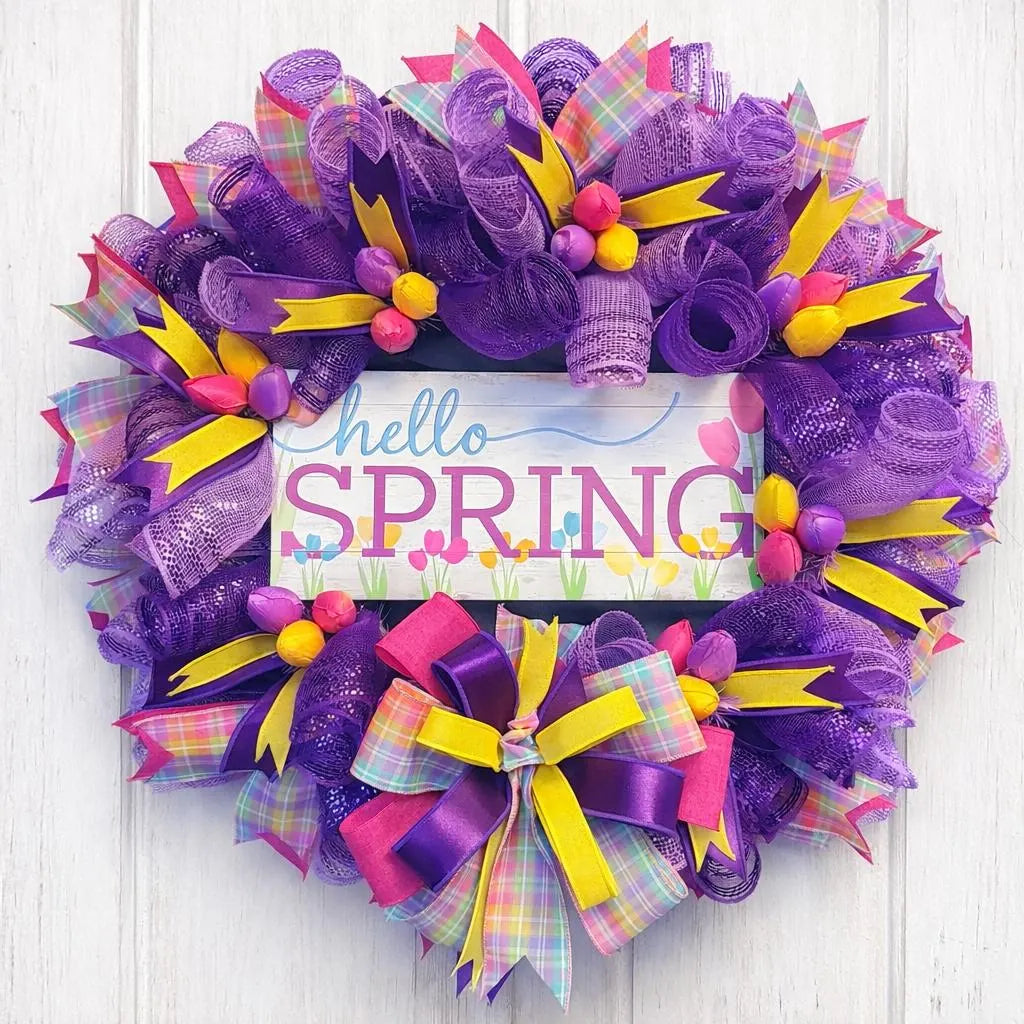 Purple Tulip Spring Wreath, Hello Spring Door Decor, Handcrafted Floral Accent