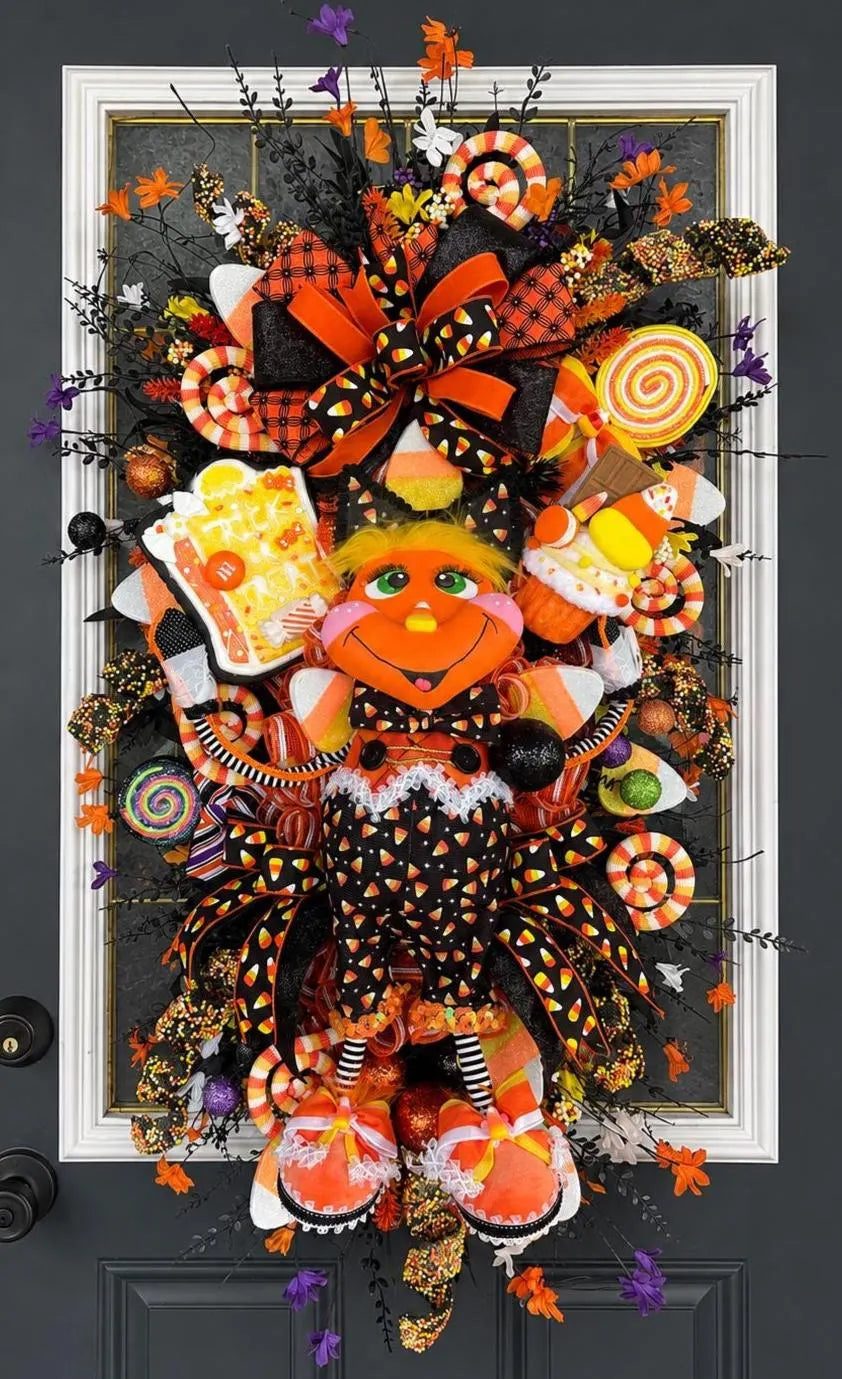 Candy Corn Girl Halloween Swag, Whimsical Falloween Door Decor, Handmade Wreath