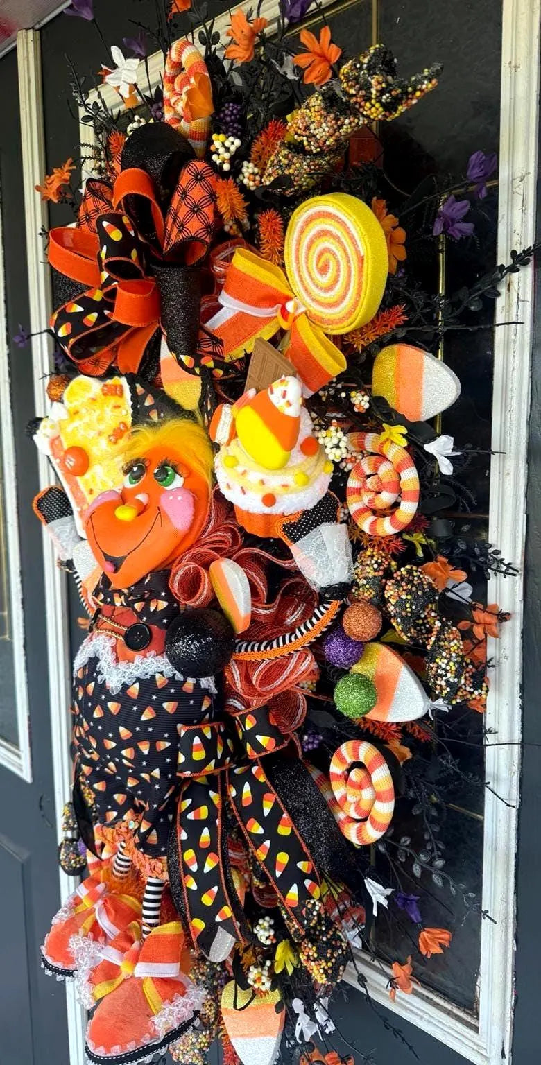 Candy Corn Girl Halloween Swag, Whimsical Falloween Door Decor, Handmade Wreath