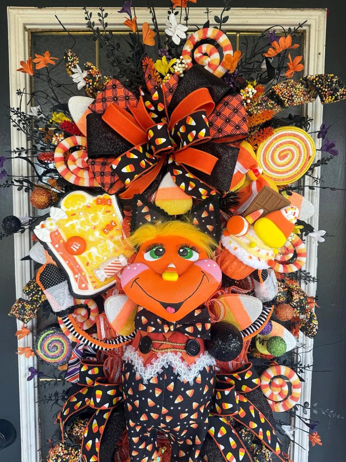 Candy Corn Girl Halloween Swag, Whimsical Falloween Door Decor, Handmade Wreath