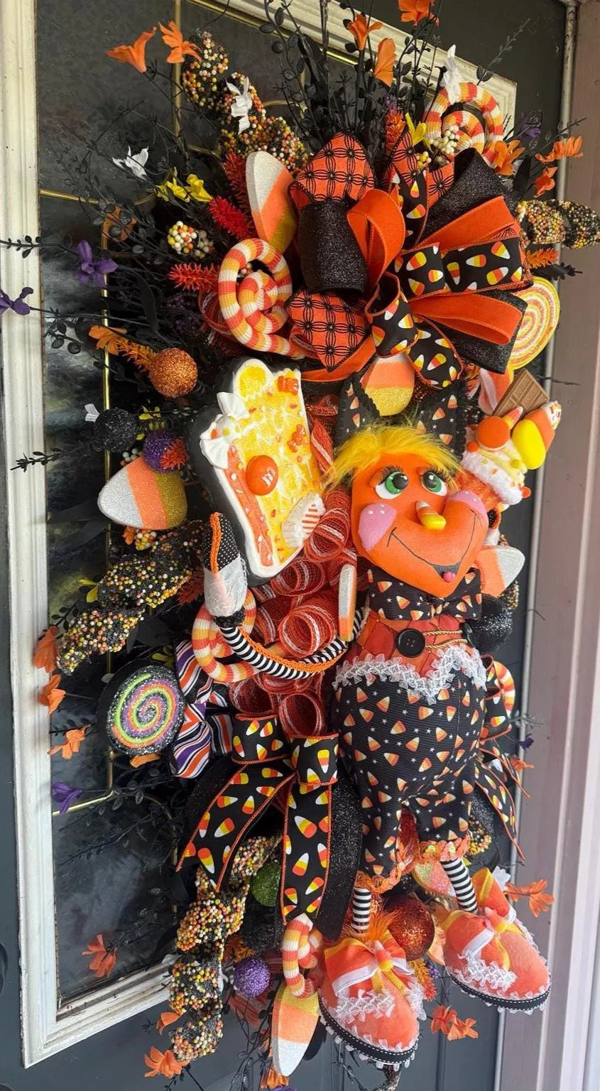 Candy Corn Girl Halloween Swag, Whimsical Falloween Door Decor, Handmade Wreath