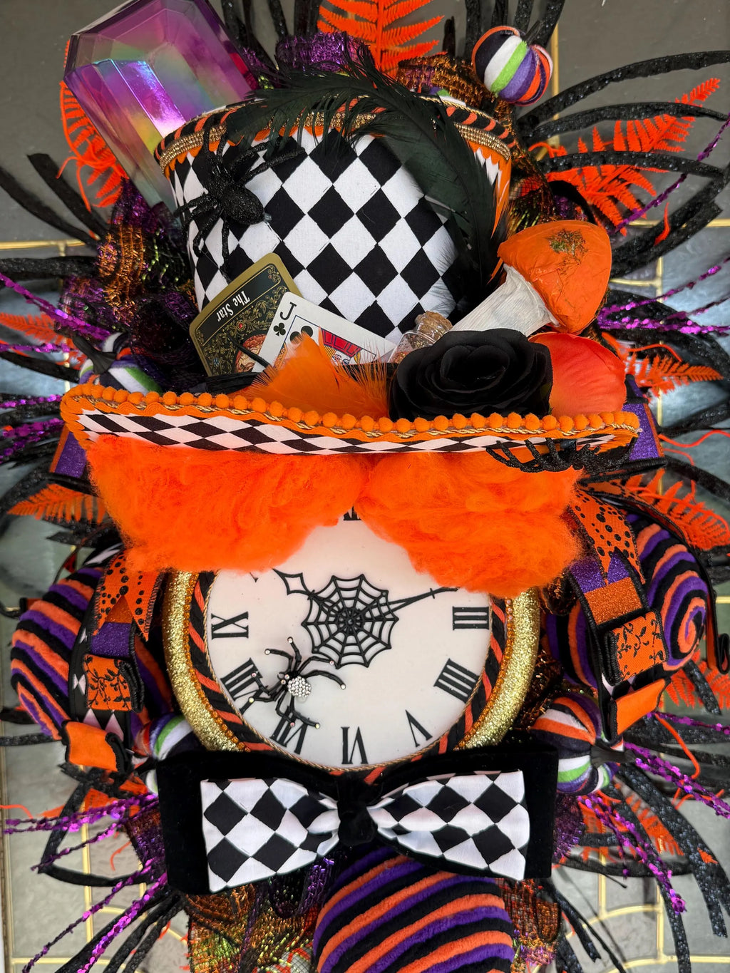 Mad Hatter Halloween Wreath | Whimsical Alice in Wonderland Door Decor | Harlequin Top Hat, Clock