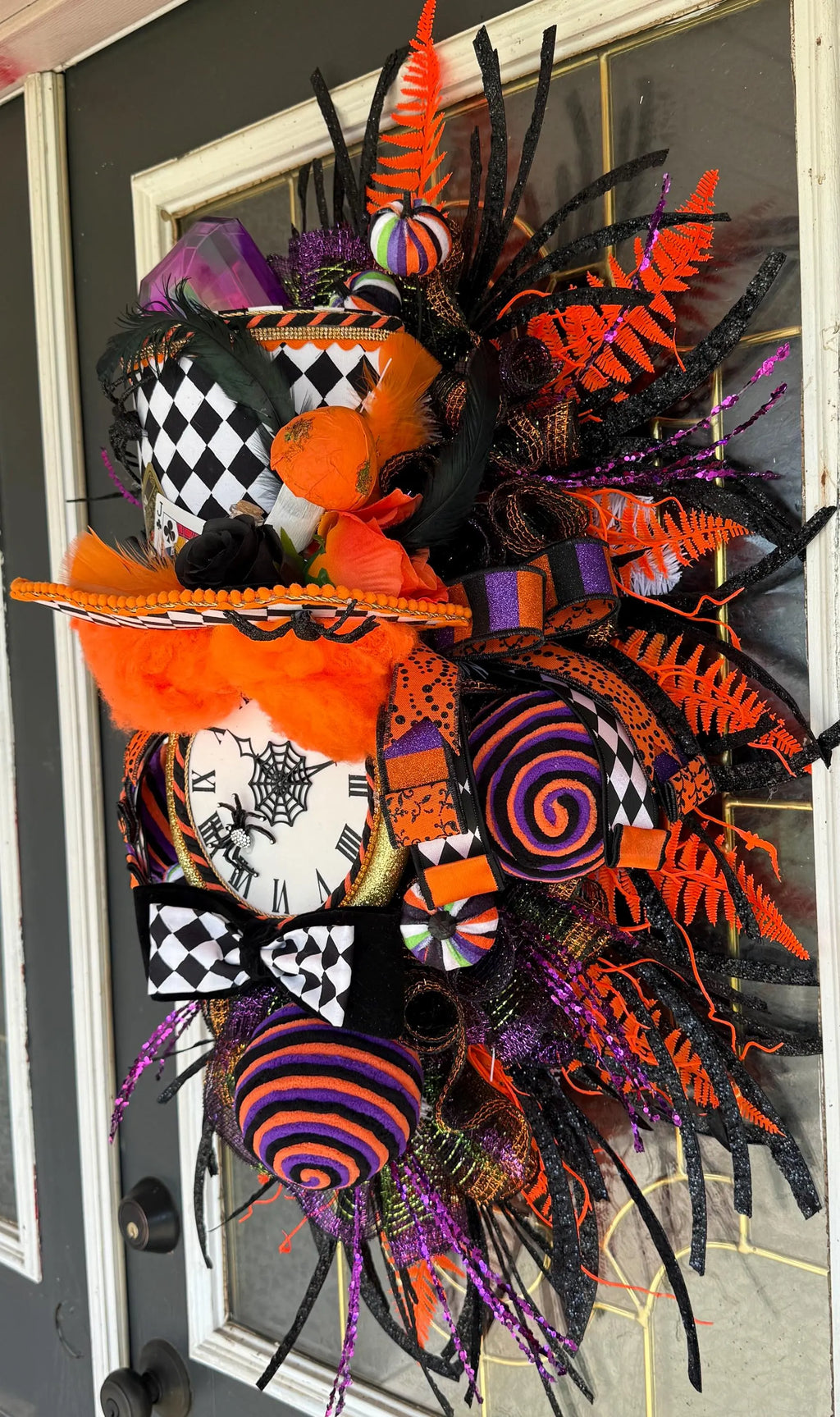 Mad Hatter Halloween Wreath | Whimsical Alice in Wonderland Door Decor | Harlequin Top Hat, Clock