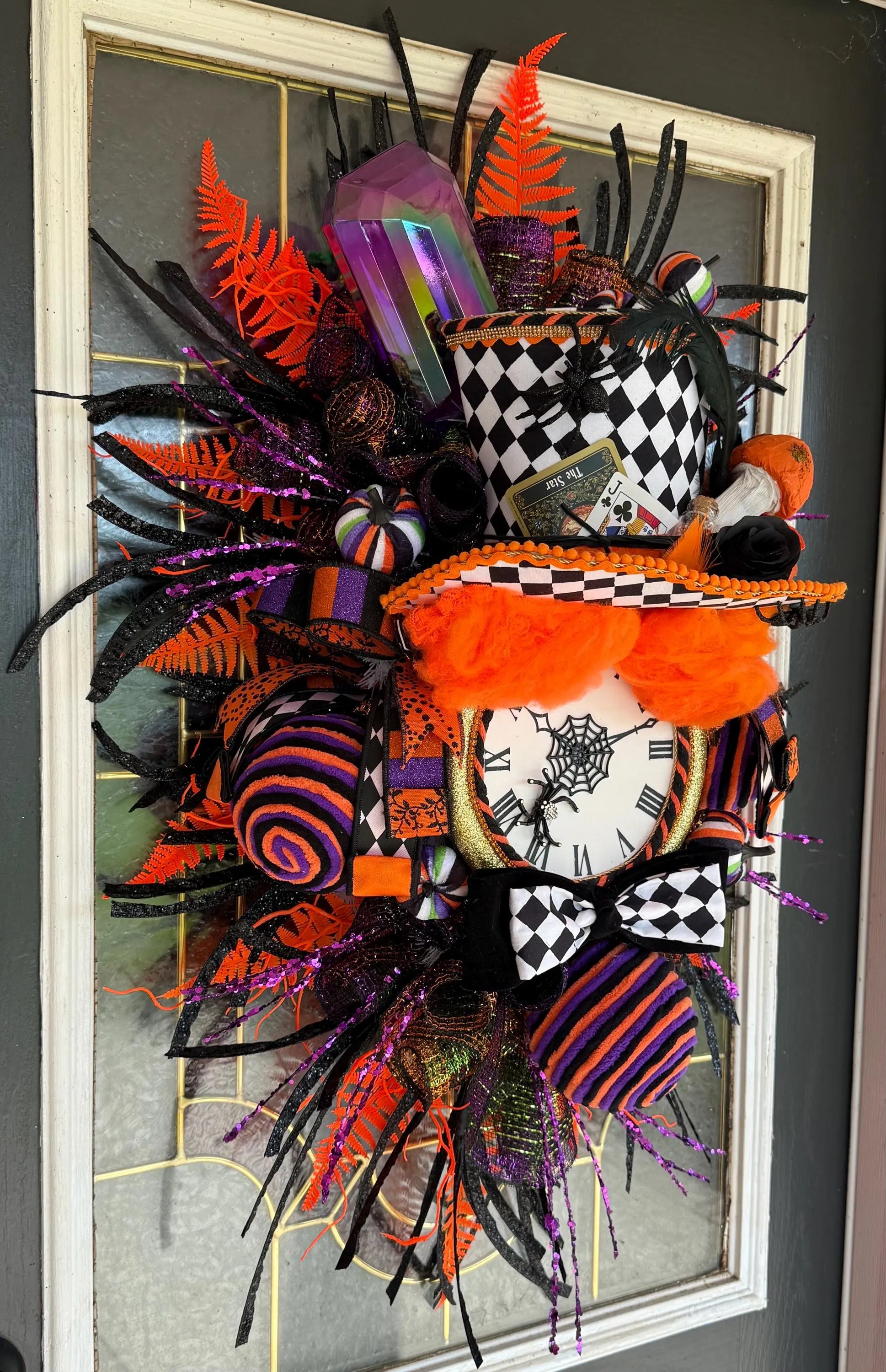 Mad Hatter Halloween Wreath | Whimsical Alice in Wonderland Door Decor | Harlequin Top Hat, Clock