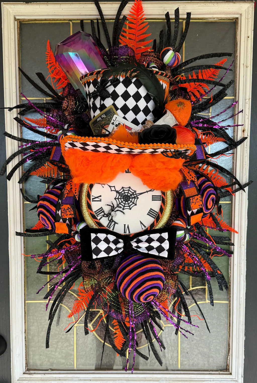Mad Hatter Halloween Wreath | Whimsical Alice in Wonderland Door Decor | Harlequin Top Hat, Clock