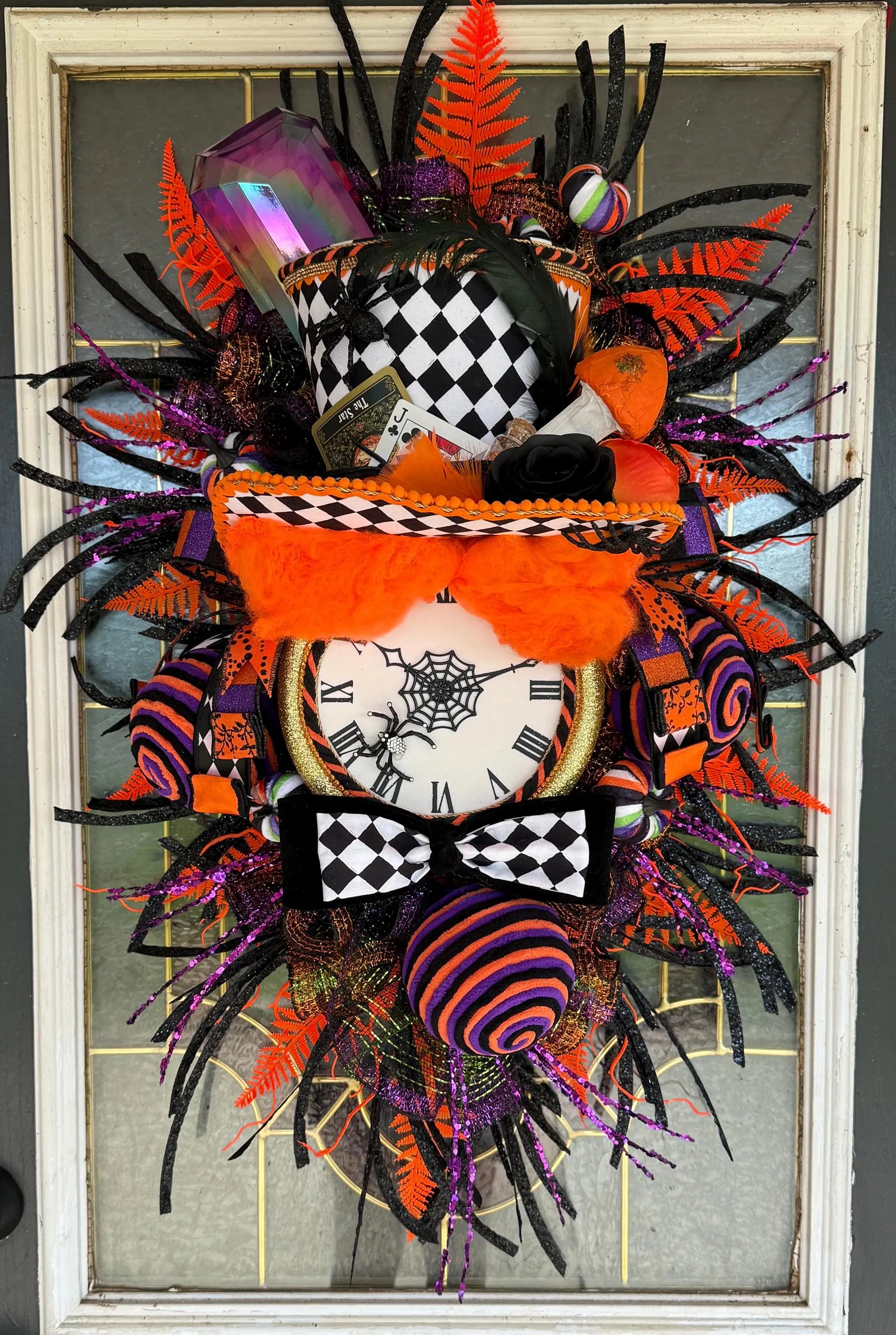 Mad Hatter Halloween Wreath | Whimsical Alice in Wonderland Door Decor | Harlequin Top Hat, Clock