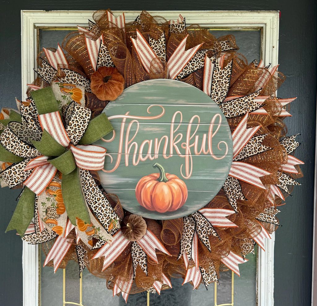 Handmade Thankful Fall Wreath, Leopard Print Pumpkin Door Hanger, Farmhouse Autumn Decor