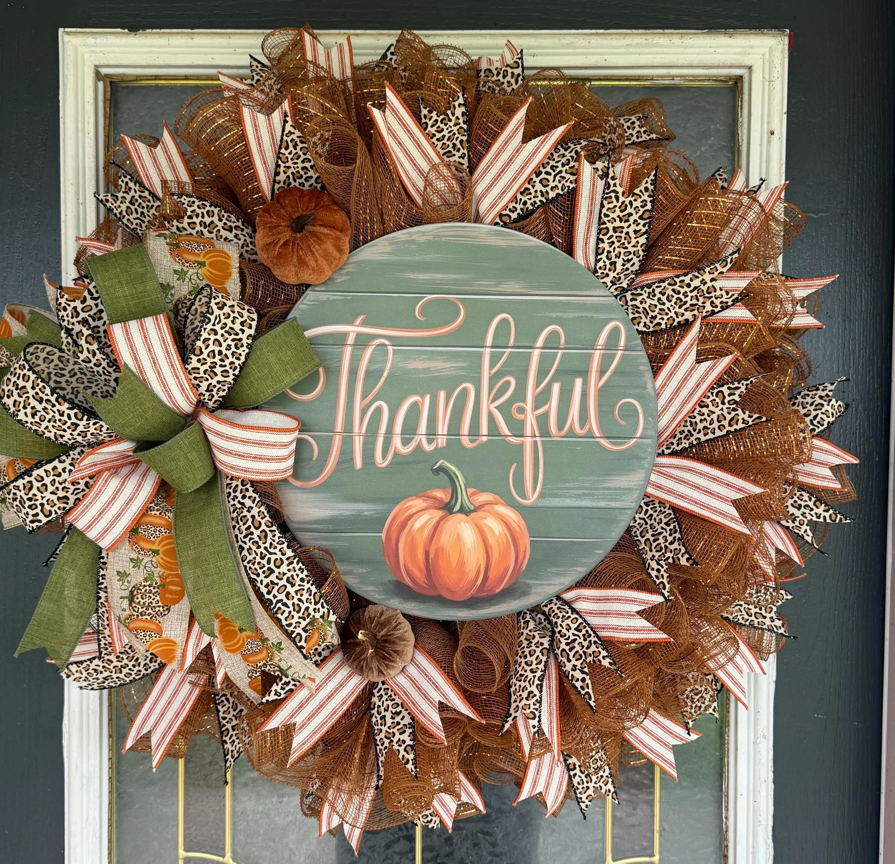 Handmade Thankful Fall Wreath, Leopard Print Pumpkin Door Hanger, Farmhouse Autumn Decor