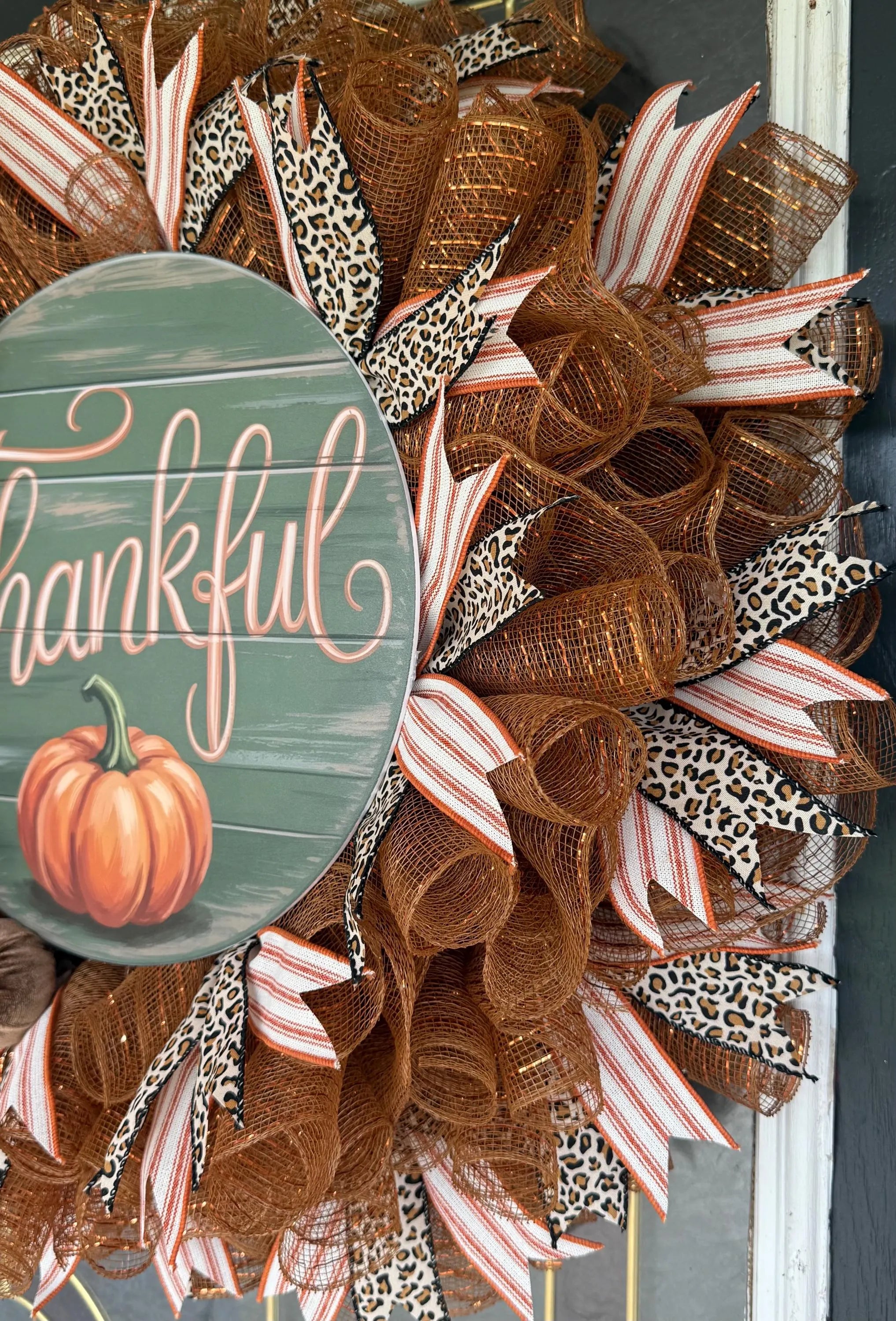 Handmade Thankful Fall Wreath, Leopard Print Pumpkin Door Hanger, Farmhouse Autumn Decor
