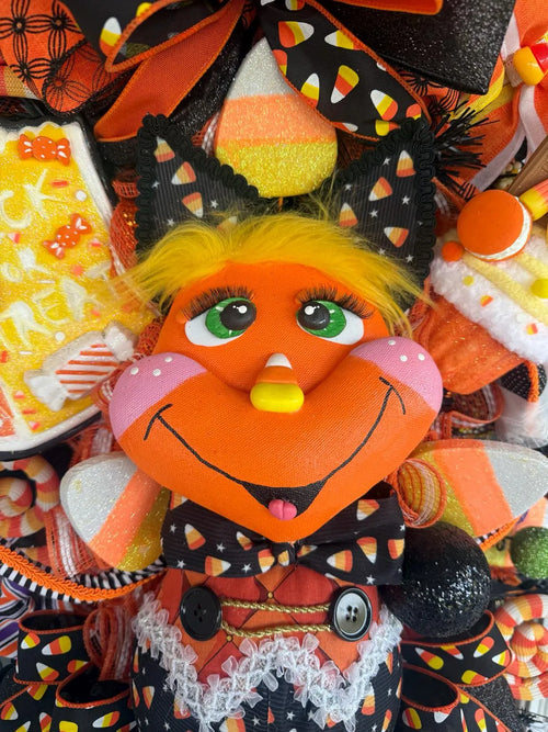 Candy Corn Girl Halloween Swag, Whimsical Falloween Door Decor, Handmade Wreath