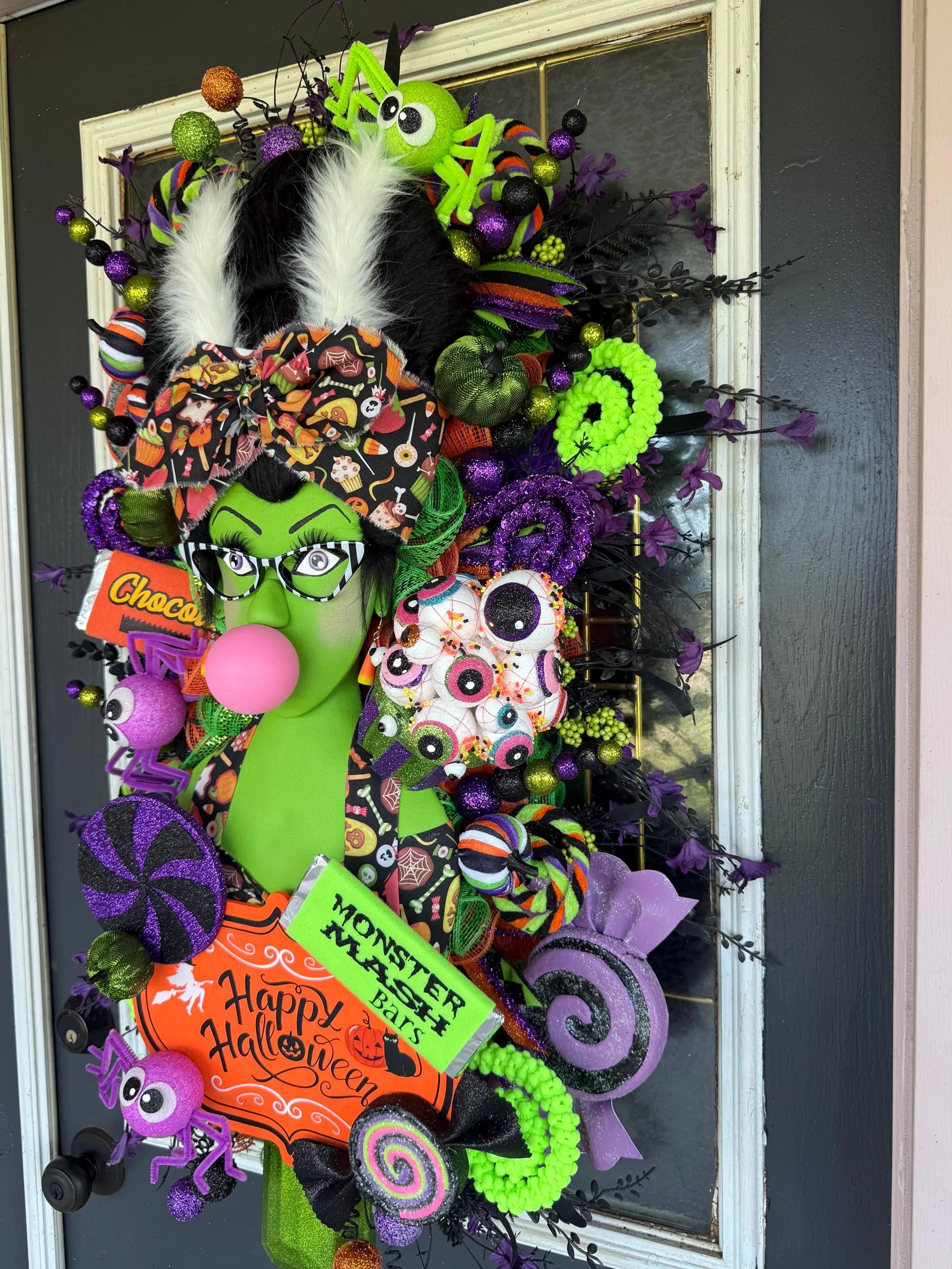 Bride of Frankenstein Halloween Door Hanger | Whimsical Candy Decor, Handmade Wreath