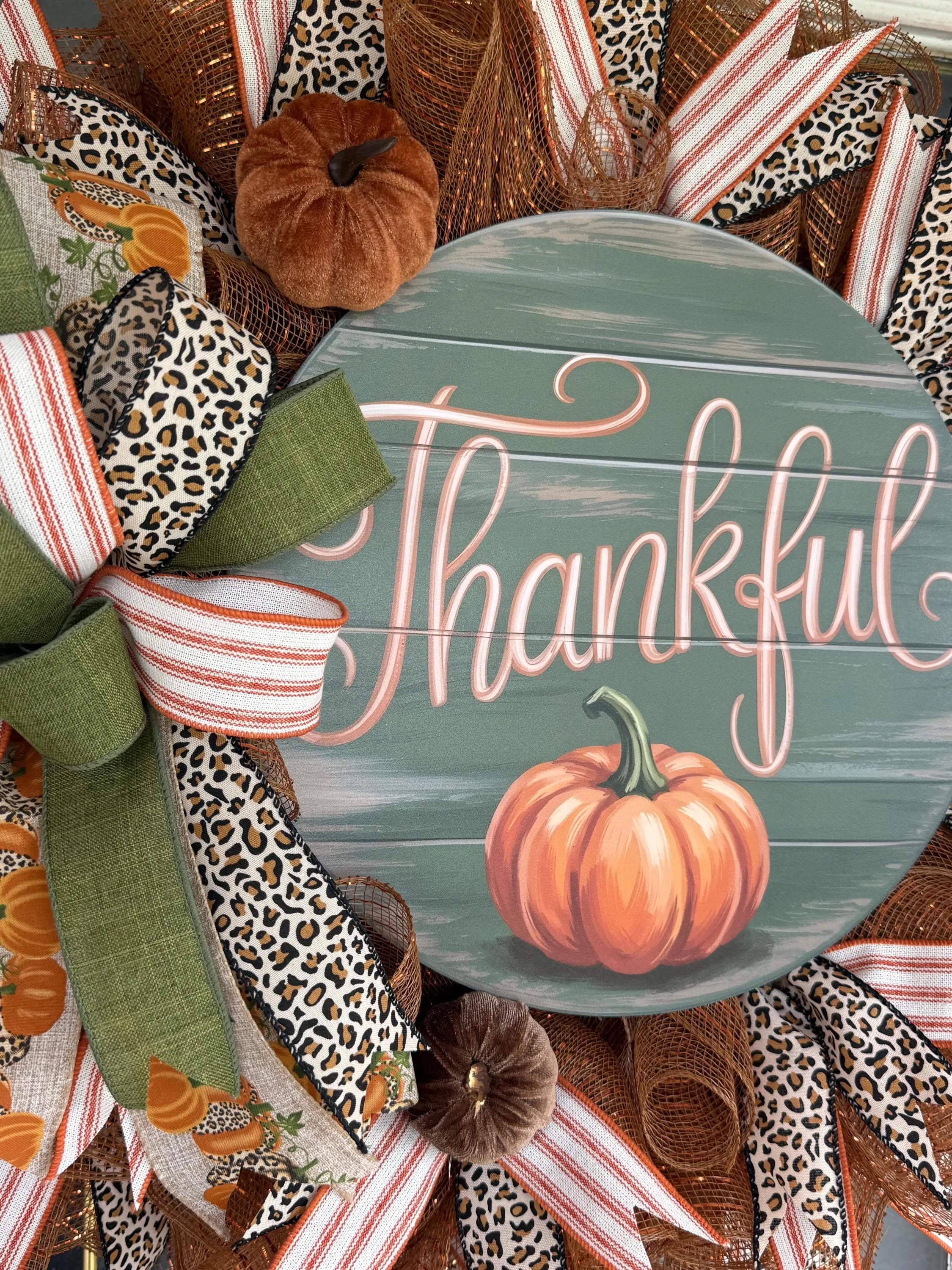 Handmade Thankful Fall Wreath, Leopard Print Pumpkin Door Hanger, Farmhouse Autumn Decor