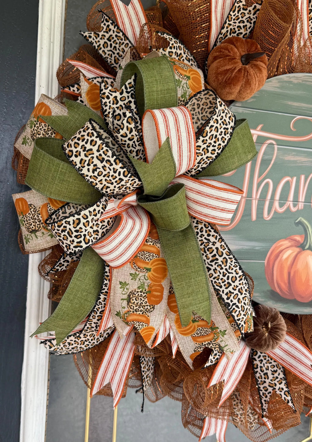 Handmade Thankful Fall Wreath, Leopard Print Pumpkin Door Hanger, Farmhouse Autumn Decor