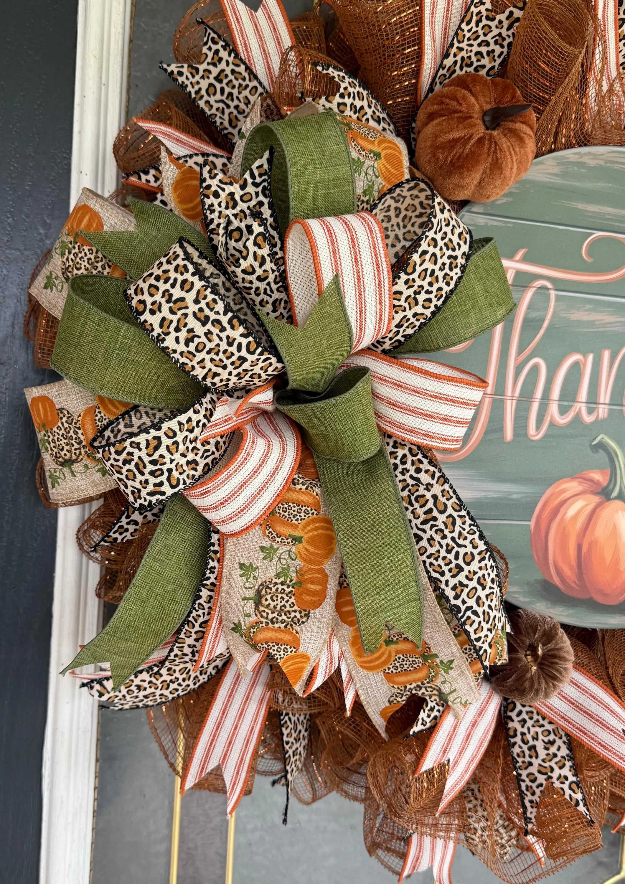 Handmade Thankful Fall Wreath, Leopard Print Pumpkin Door Hanger, Farmhouse Autumn Decor