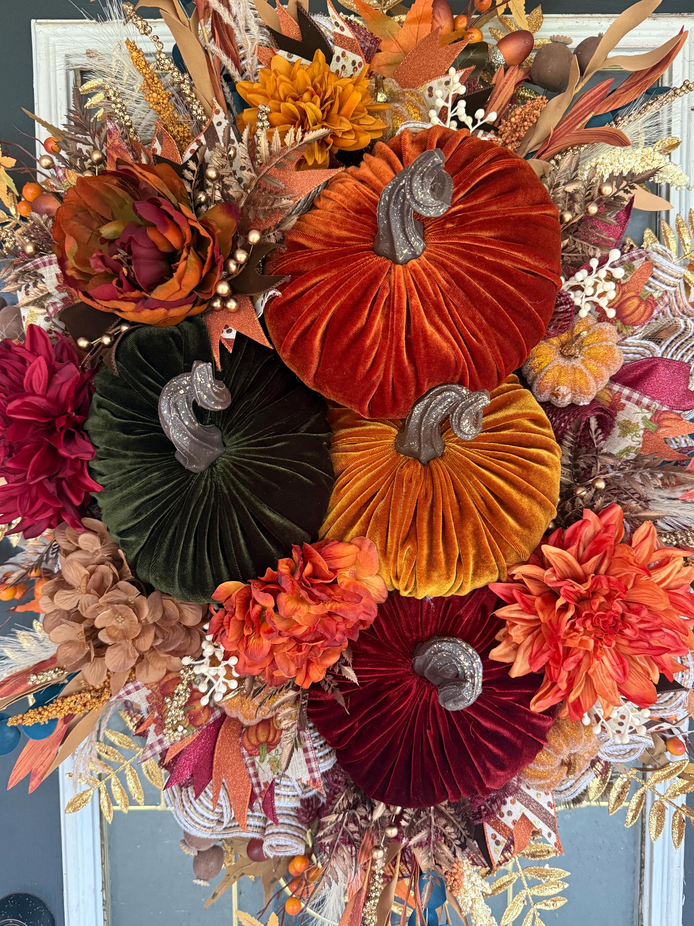 Luxury Velvet Pumpkin Fall Wreath | Handmade Autumn Front Door Decor