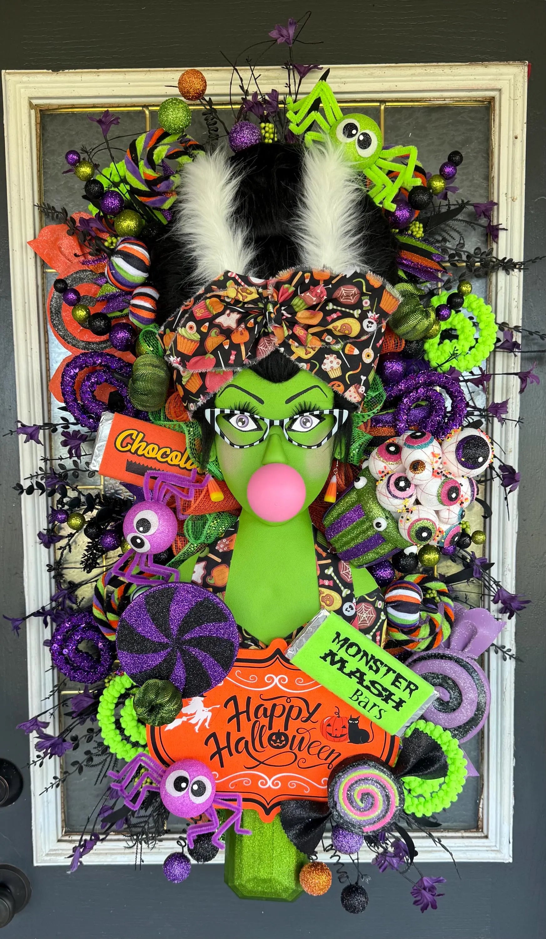 Bride of Frankenstein Halloween Door Hanger | Whimsical Candy Decor, Handmade Wreath