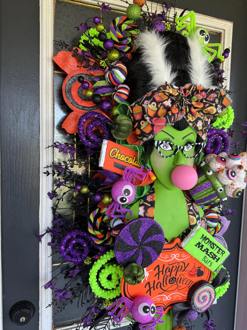 Bride of Frankenstein Halloween Door Hanger | Whimsical Candy Decor, Handmade Wreath
