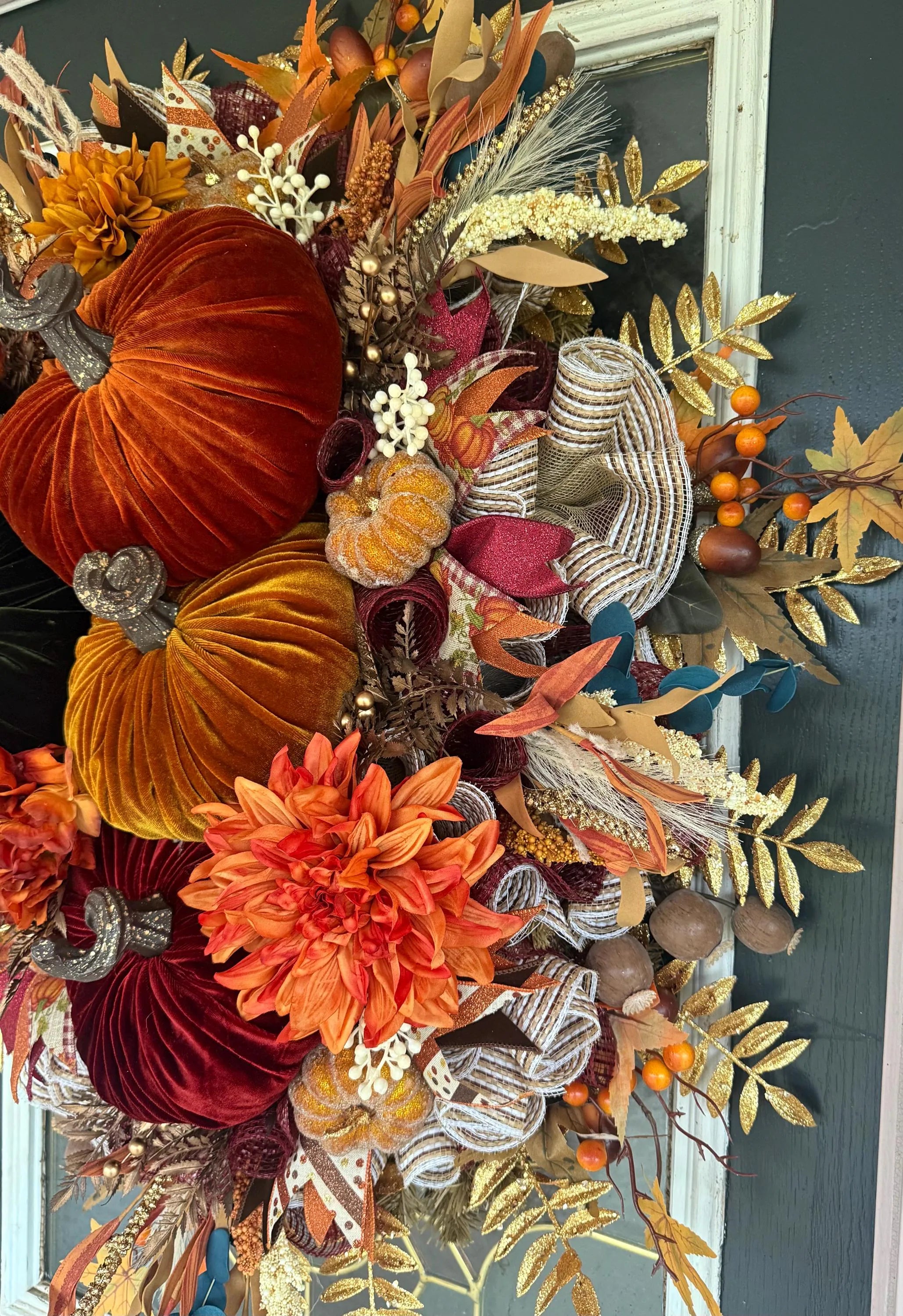Luxury Velvet Pumpkin Fall Wreath | Handmade Autumn Front Door Decor